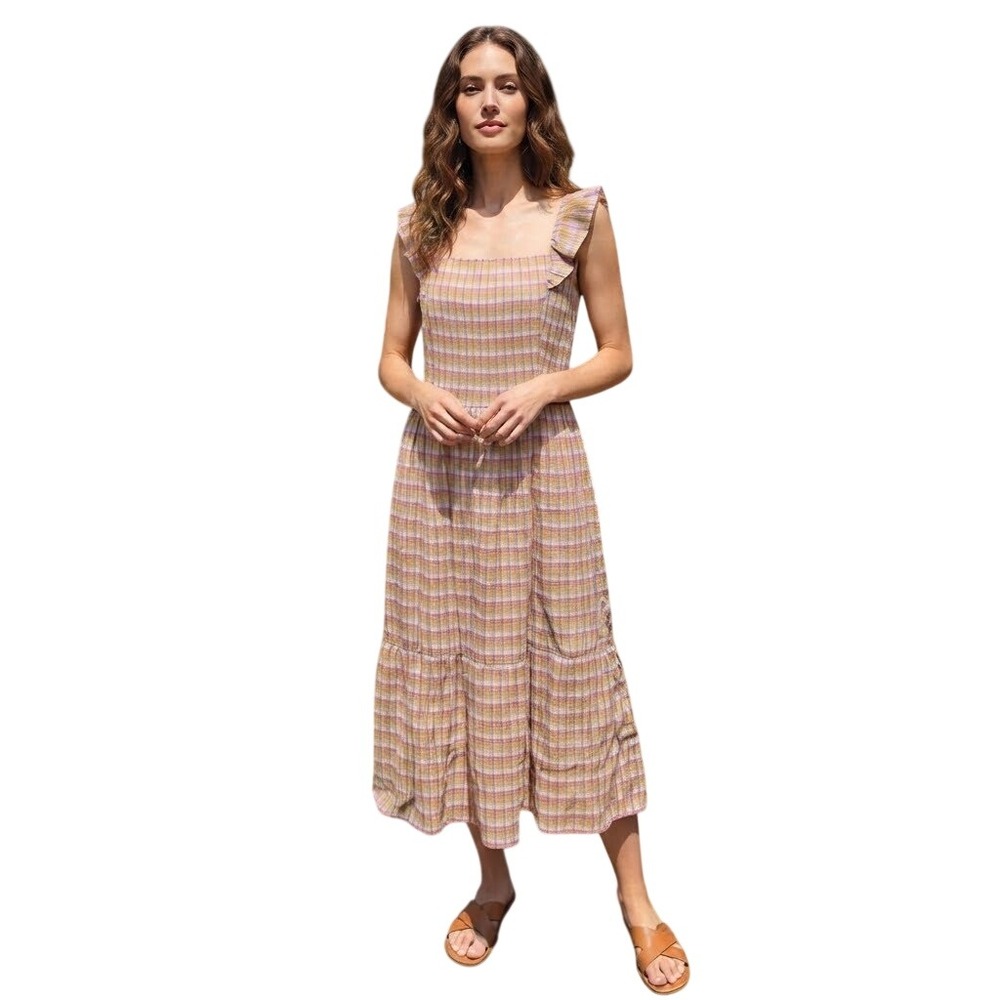 Loft NWT Womens Petite Medium Plaid Ruffle Tiered Smocked Midi Dress